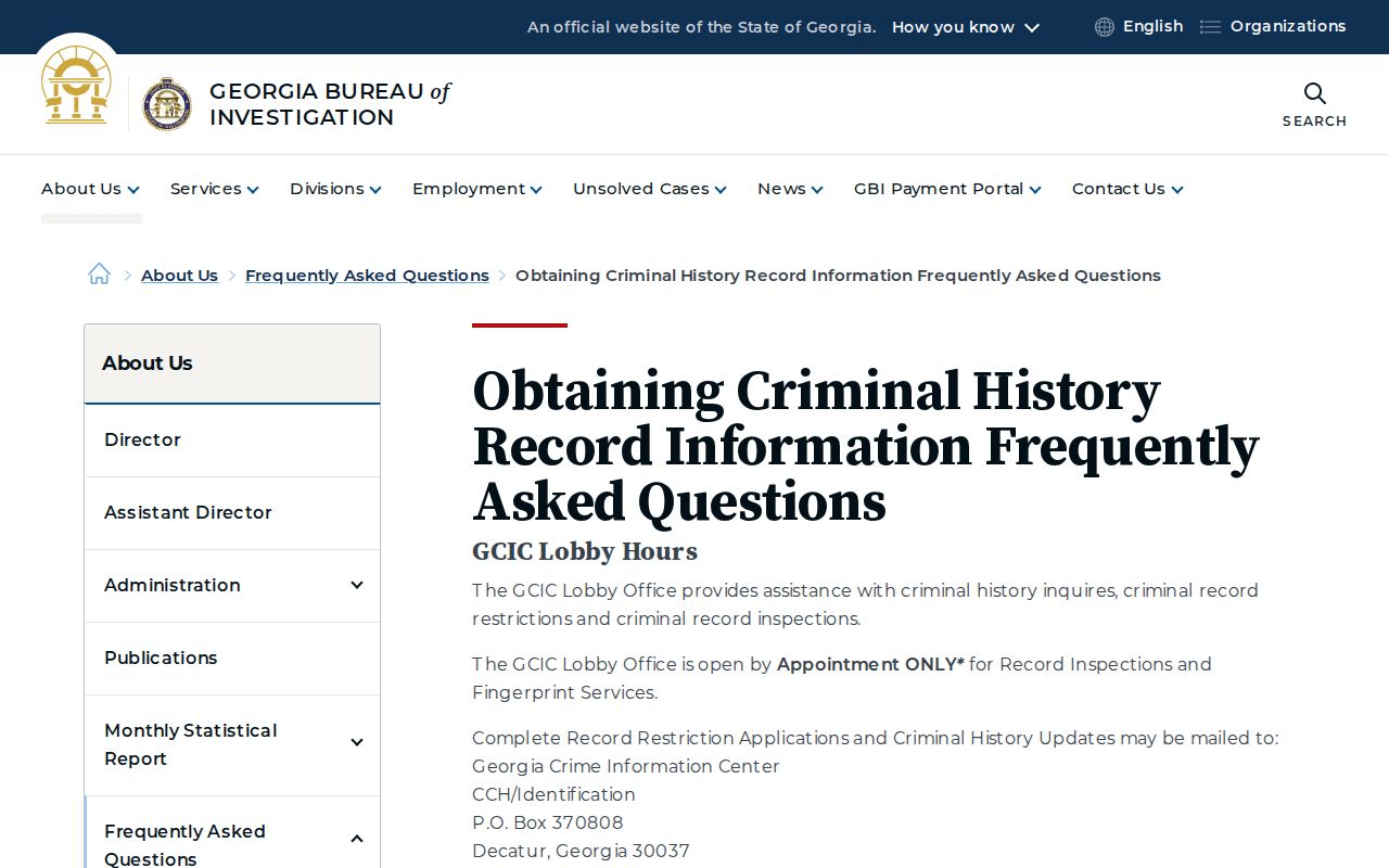 Georgia GBI GCIC personal record inspection and access FAQ