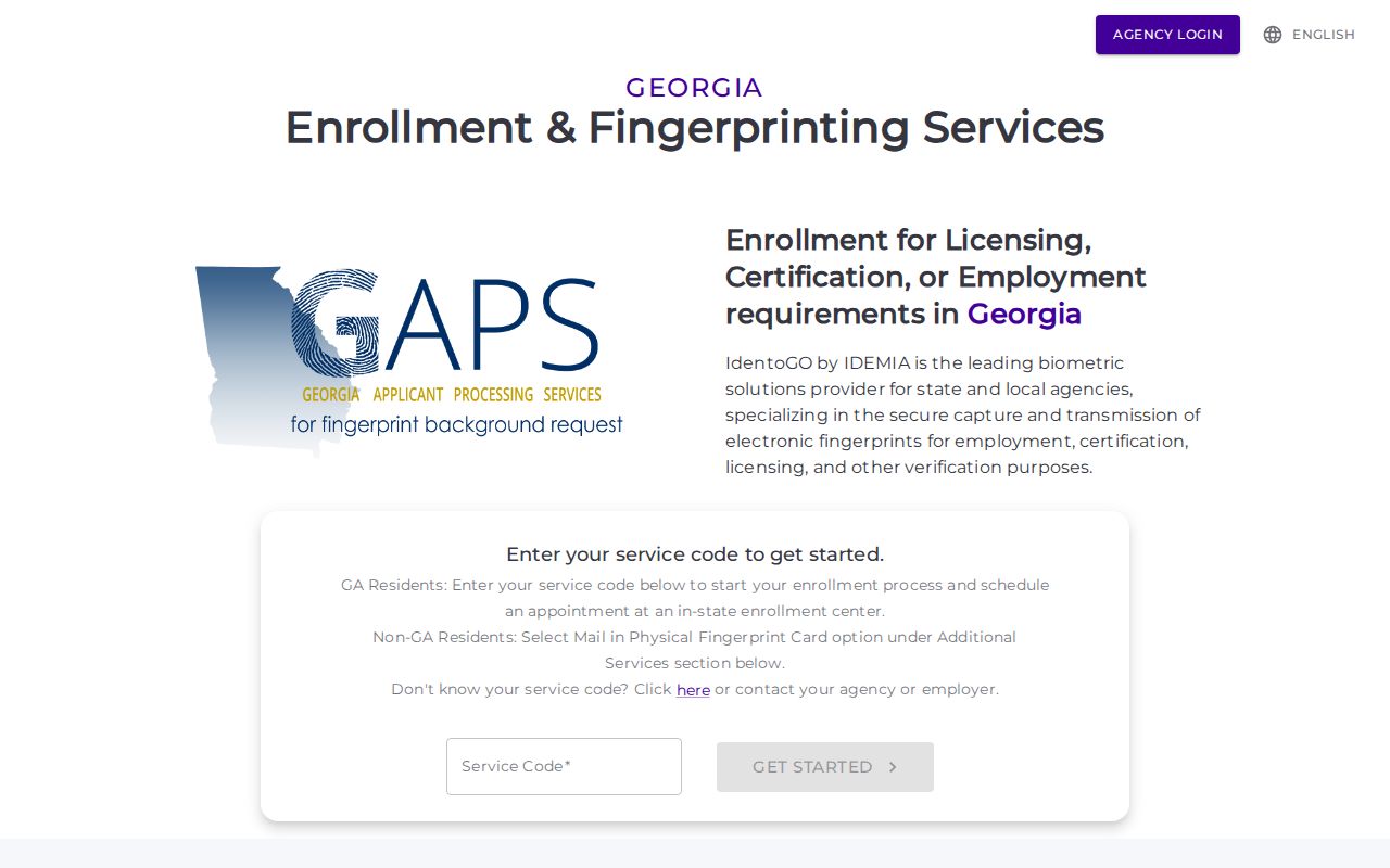 Georgia criminal history GAPS and IdentoGO service code screen