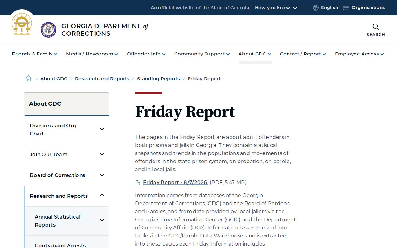Georgia criminal history GDC Friday population report